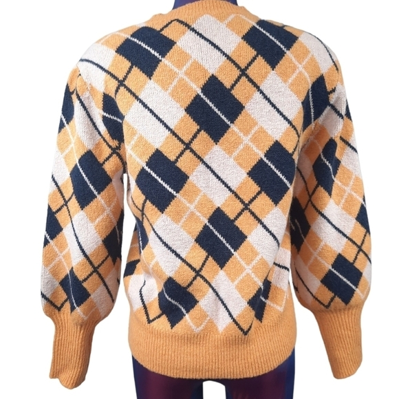 Free Assembly Argyle Balloon Sleeve Sweater Gold and Navy Size Small Women's - Picture 4 of 8